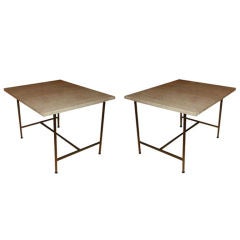 Paul Mccobb Pair of 8722 Travertine Top Brass Tables