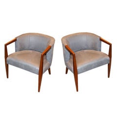 Pair of Jens Risom Walnut Arm Barrel Chairs