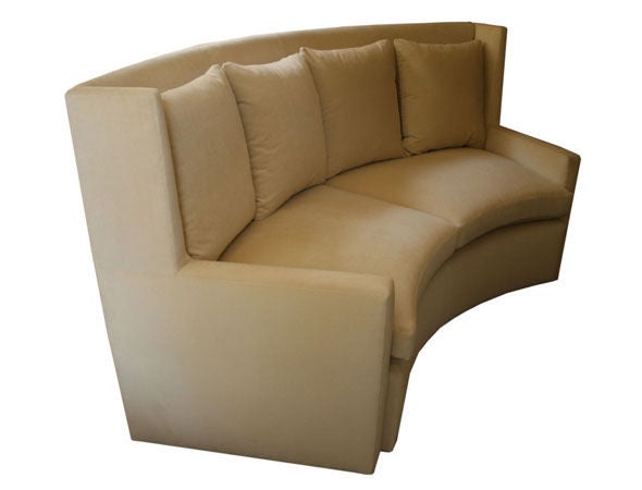 Mn Originals curved highback sette with natural down loose-cushion upholstery. 

Custom orders have a lead time of 10-12 weeks FOB NYC. Lead time contingent upon selection of finishes, approval of shop drawings (if applicable) and receipt COM (if