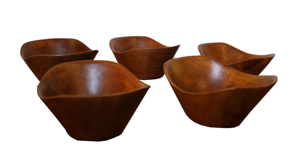 Set of Five Sculpted Teak Wood Bowls from Denmark