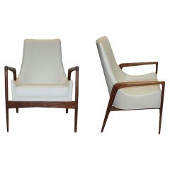 Pair of Solid Walnut Sculpted Arm Club Chairs