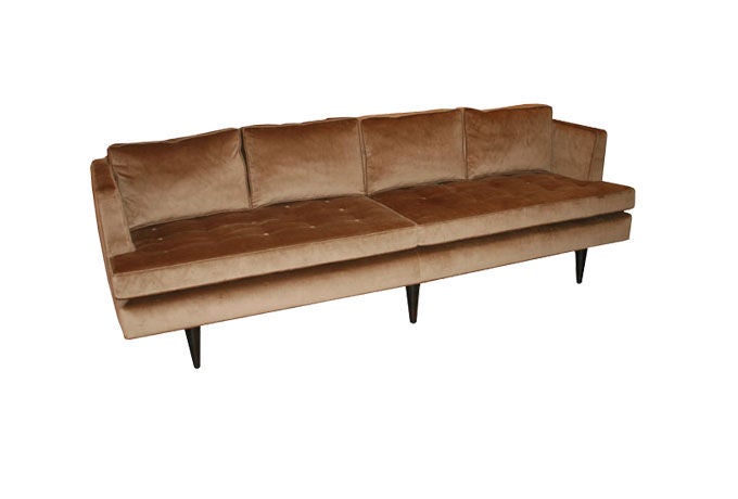 Edward Wormley for Dunbar tufted cotton velvet sofa Ca.1950's. Fully restored with natural down loose back pillows and button tufted loose seat cushions.Solid mahoghany turned and tapered legs support the iconic sofa frame that is generous in