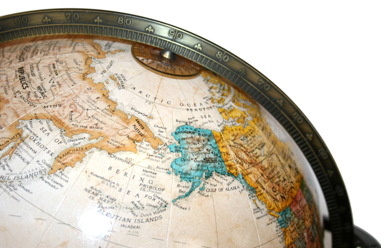 American 1960s Brass Floor Terrestrial Globe