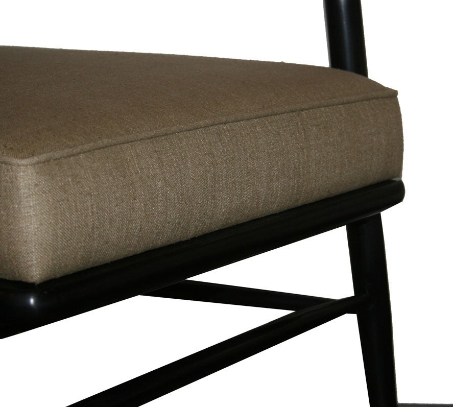Rare to Market Paul McCobb Predictor Group armchair from solid maple for O'Hearn Furniture circa 1951.Beautiful turned solid wood components support a generous upholstered seating area.Fully restored in a satin hand finish black lacquer and a cotton