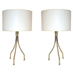 Modernist Polished Brass Tripod Table Lamps