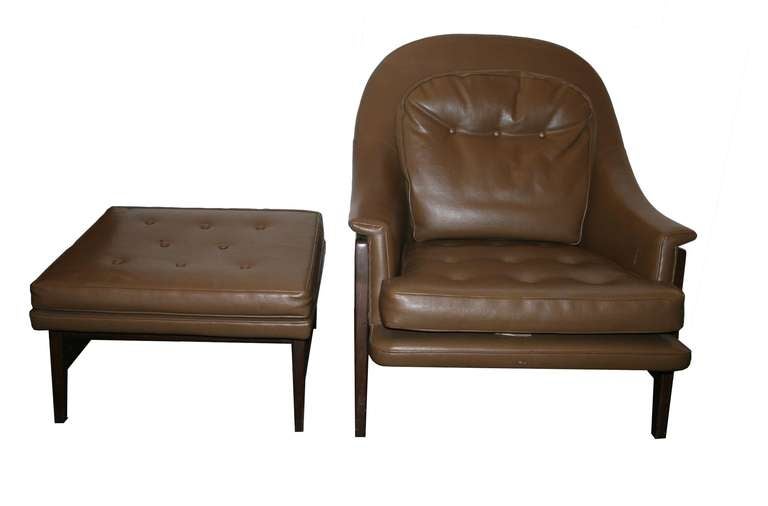 Edward Wormley for Dunbar Tufted Leather Oak Framed Lounge Chair 4