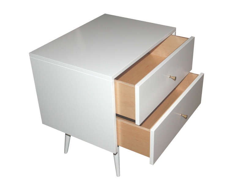 Lacquered two-drawer nightstands on turned legs with solid brass drawer pulls. Solid maple drawer boxes with under-mount soft close mechanical drawer slides. Custom lacquer colors and woods available.

Custom orders have a lead time of 10-12 weeks