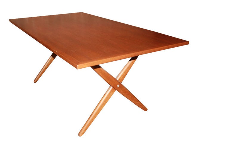 Metal Hans Wegner X-Base Trestle Teak Dining Table For Sale