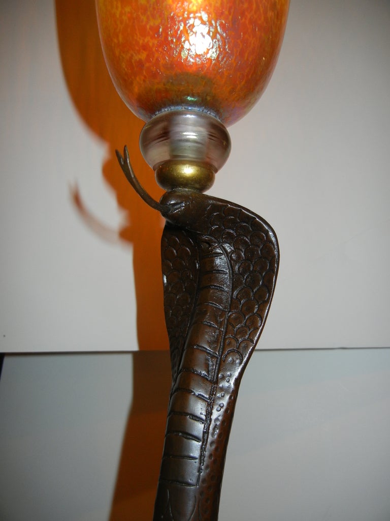 Art Nouveau Vienna Bronze Cobra Lamp & Loetz Shade
