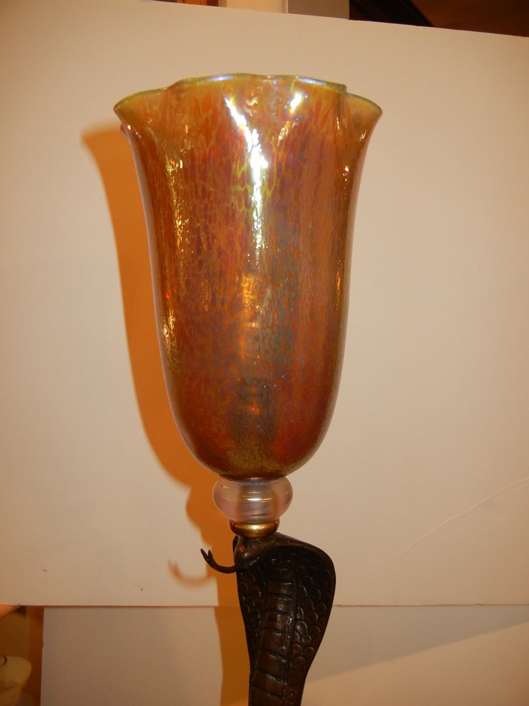 Austrian Vienna Bronze Cobra Lamp & Loetz Shade