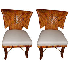 Pair of Woven Leather Curved Back Dining Room or Side Chairs