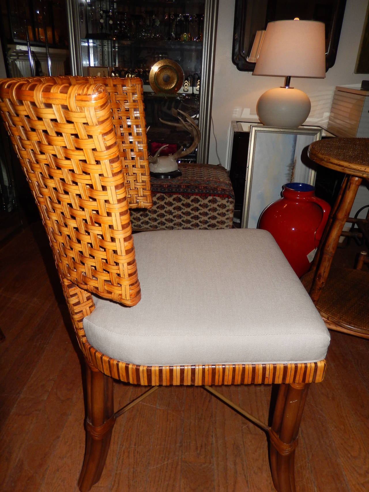 American Pair of Woven Leather Curved Back Dining Room or Side Chairs