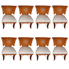 Eight Handwoven Leather Dining Room Chairs