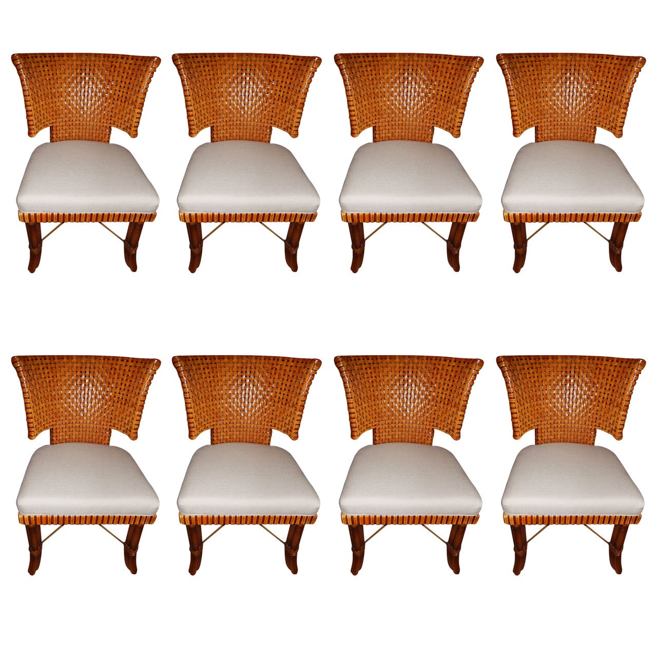 Eight Handwoven Leather Dining Room Chairs