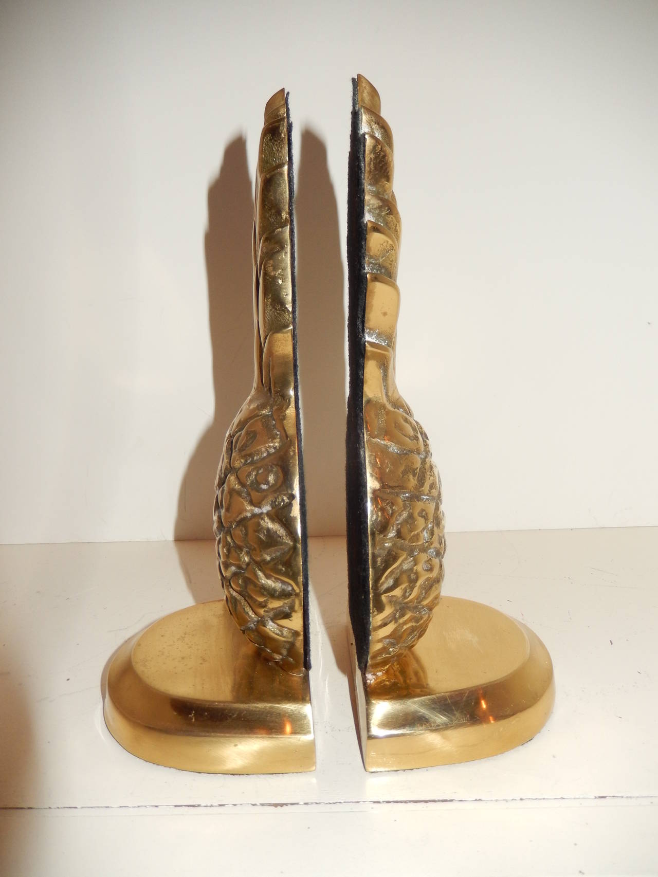 English Pair of Sculptural Art Deco Pineapples, Brass Bookends