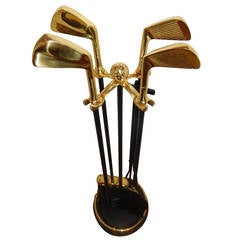 Retro Set of Artisan Golf Club Themed Brass and Iron Fireplace Tools