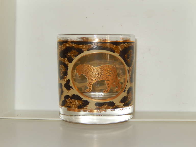 Eight leopard themed scotch glasses; purchased in Belgium in the 50s.
Showing some loss in places, yet still an interesting group. There are no cracks  or chips.