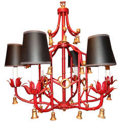 Mid-Century Red Faux Bamboo Tole Chandelier