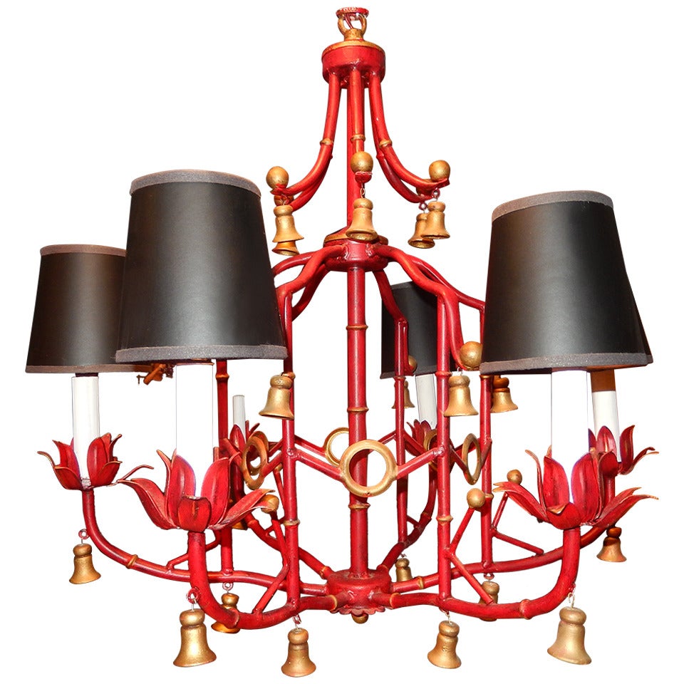 Mid-Century Red Faux Bamboo Tole Chandelier