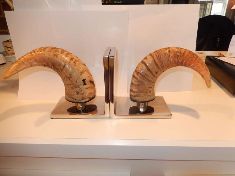 Pair of vintage Rams Head Horn book ends. Set on a pair of nickel over brass stands.