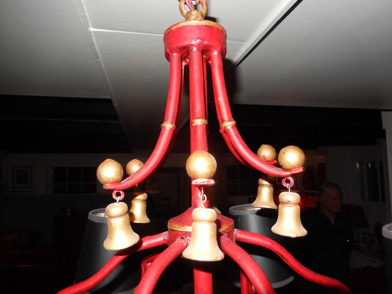 Chinese Chippendale Mid-Century Red Faux Bamboo Tole Chandelier
