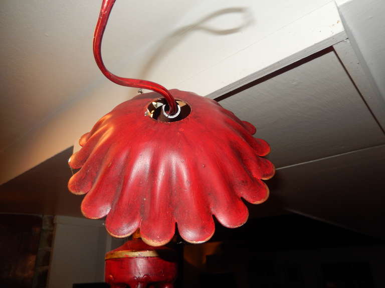 Mid-Century Red Faux Bamboo Tole Chandelier In Excellent Condition In Bellport, NY