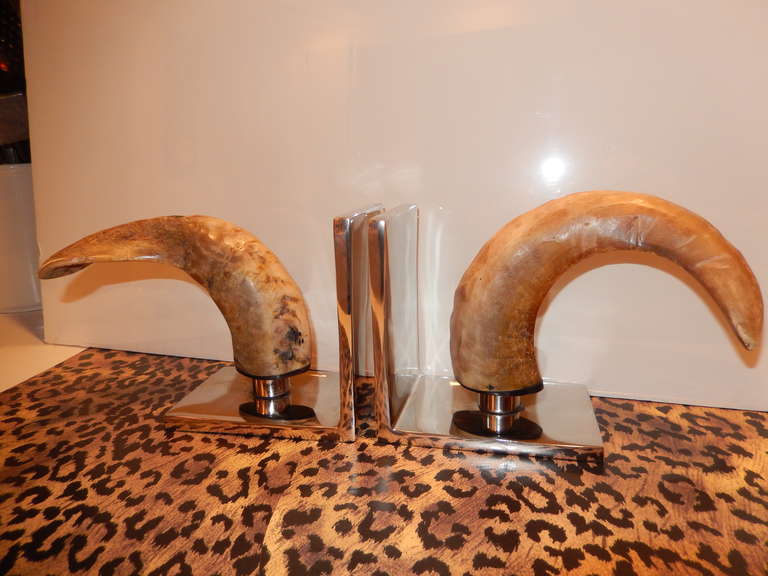 Primitive Pair of Vintage Rams Head Horn Bookends