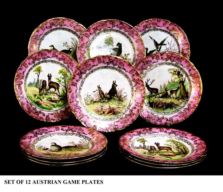 Set of 12 Antique Austrian Game Plates