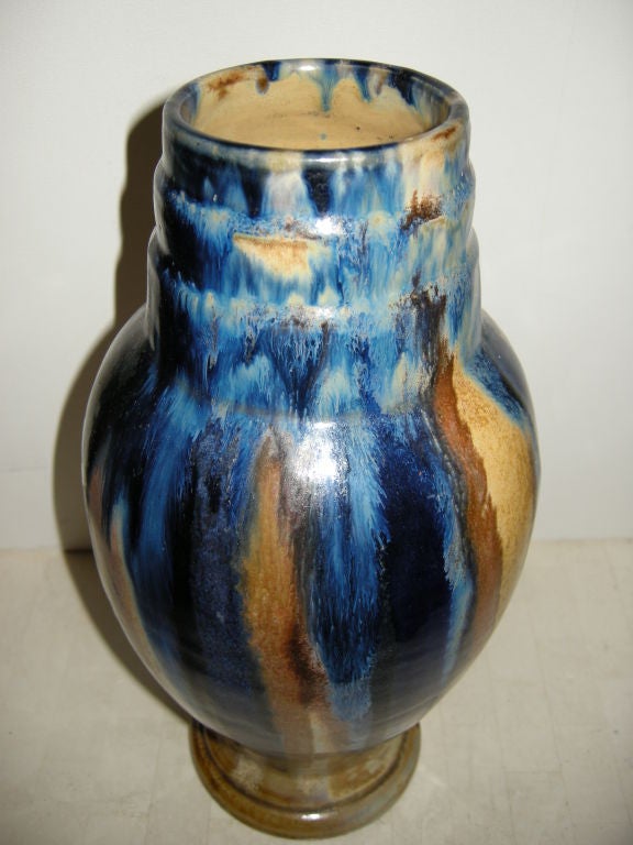 Fabuous pair of Poteri Renault Argent Cher Art Deco Vases. In Colbalt blue browns and bieges,great condition.