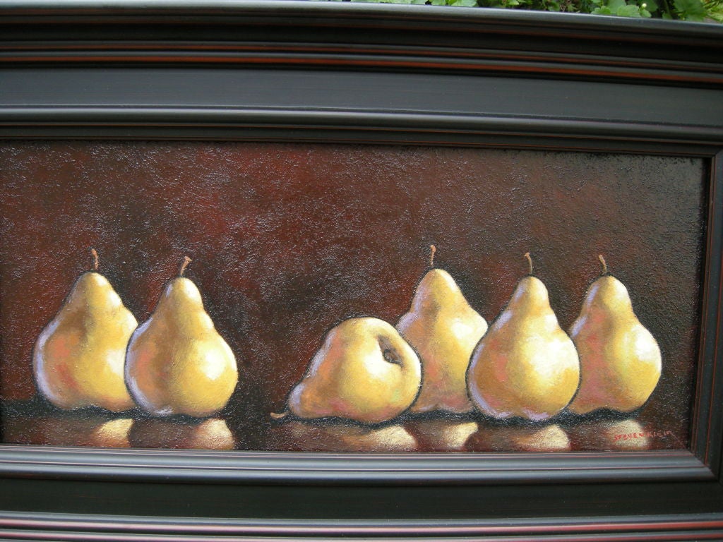 Acrylic on Canvas,pear group by Long Island Artist       Steven Klein.Golden pears ,shadowing onto a black back ground and framed in a three dimensional wooden frame.