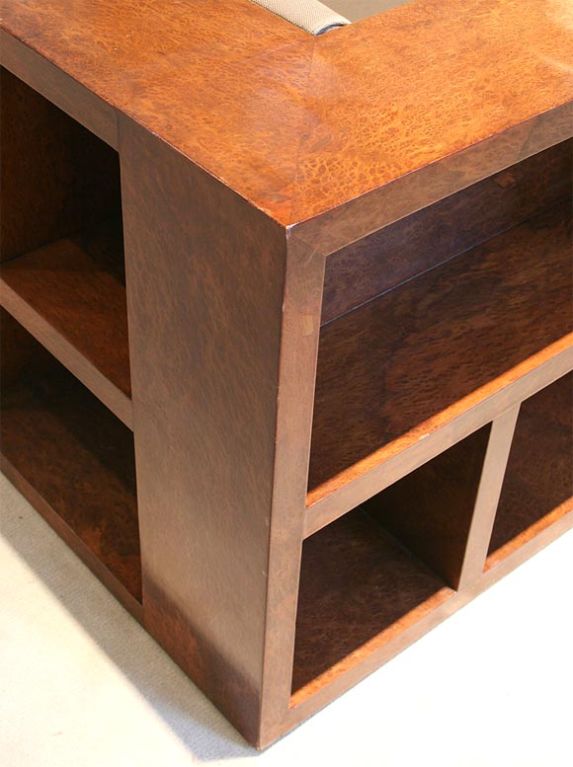 Unusual and rare burl veneer Bookcase Sofa. Please note that the sofa will need to be reupholstered as this is how it looked when first purchased,should you require additional images,this can be arranged.The wood work requires no refurbishment.