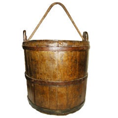 Large Antique Metal & Walnut Wood Pail