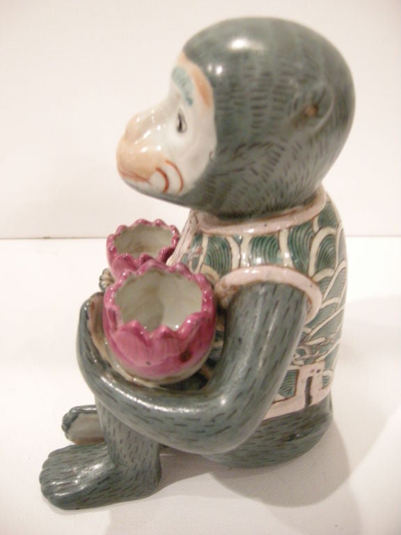 English Pair of  Hand Painted Ceramic Monkey Candle Holders.