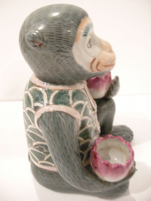 20th Century Pair of  Hand Painted Ceramic Monkey Candle Holders.