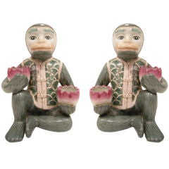 Vintage Pair of  Hand Painted Ceramic Monkey Candle Holders.