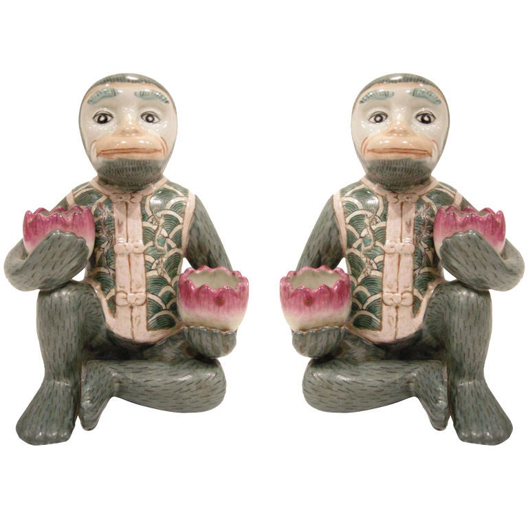 Pair of  Hand Painted Ceramic Monkey Candle Holders.