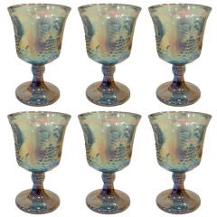 Vintage Six Blue Grape Carnival Glass Ware Wine Glasses