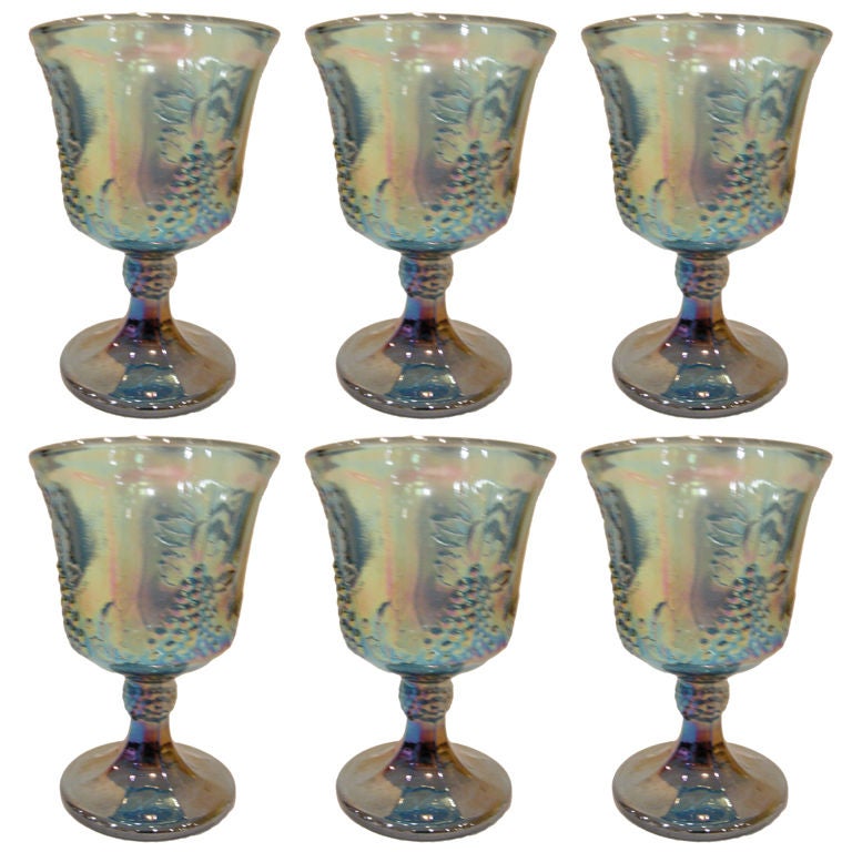 Six Blue Grape Carnival Glass Ware Wine Glasses