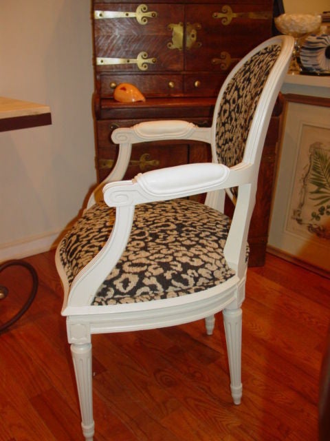 Pair Louis XV1 Style Leopard Tapestry Fauteuils/Chairs.