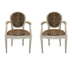 Pair Louis XV1 Style Leopard Tapestry Fauteuils/Chairs.