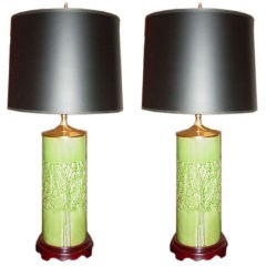 Pair, Oriental Ceramic and Brass Cylinder Form Lamps