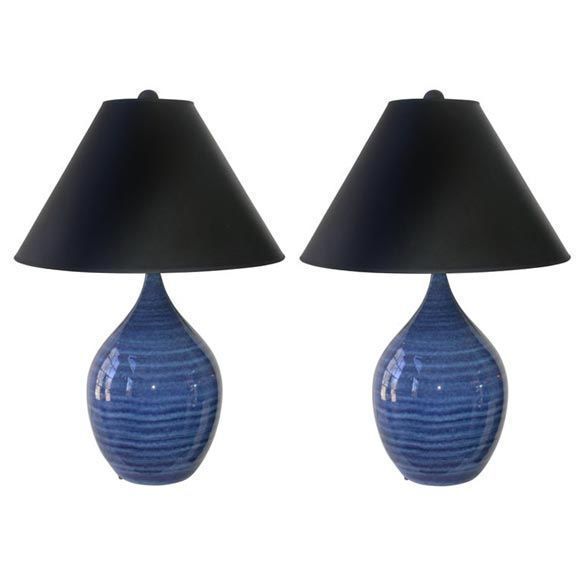 Hand thrown and hand brushed studio crafted ceramic lamps.Magnificent colbalt blue jewel tones in circular brush strokes,bulbous form.Wonderful lamps.