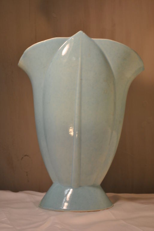 A wonderful Art Deco Vase from Bauer. Opalescent glaze in pale robins egg blues.<br />
Marks on bottom (Atlanta USA 317-14). Bauer produced  many lines for Russell Wright.