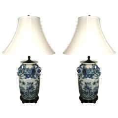 A  Lovely Pair of Blue and White Oriental Ceramic Lamps.