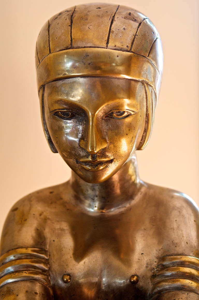 A Rare Art Deco Female Sculptural Figure and Pedestal In Excellent Condition In Bellport, NY