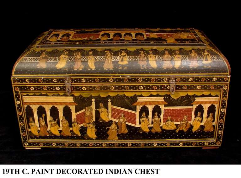 Truly a magnificent 19thc hand painted chest from India. Could have been used as a wedding chest; images show elegantly dressed figures and scenes in a palace setting. Hand painted in rich colors of gold, rust reds and greens. The piece is