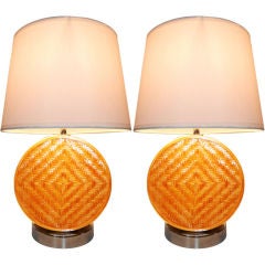 Pair, Danish Chrome and Rattan 1960s Table Lamps
