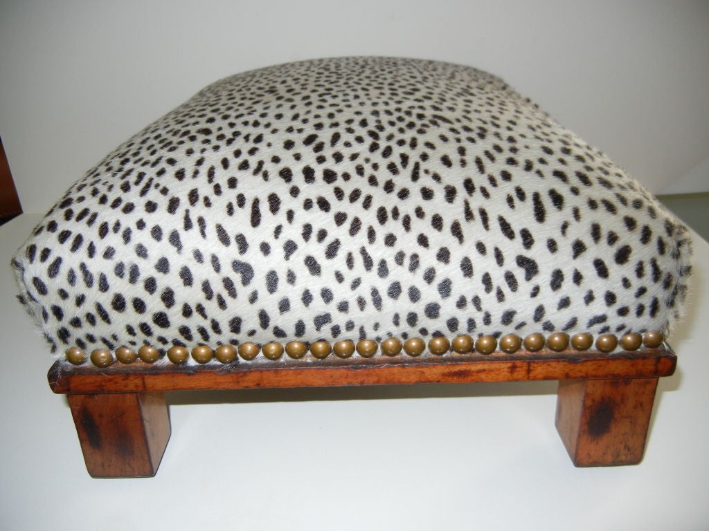 This stool is over a hunded years old,but has a great contemporary look,made of oak woods,and newly upholstered in a premium leopard printed steer hide. Antique brass nail head trim.