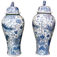 Massive Pair of of Blue & White Hand Painted Temple Jars