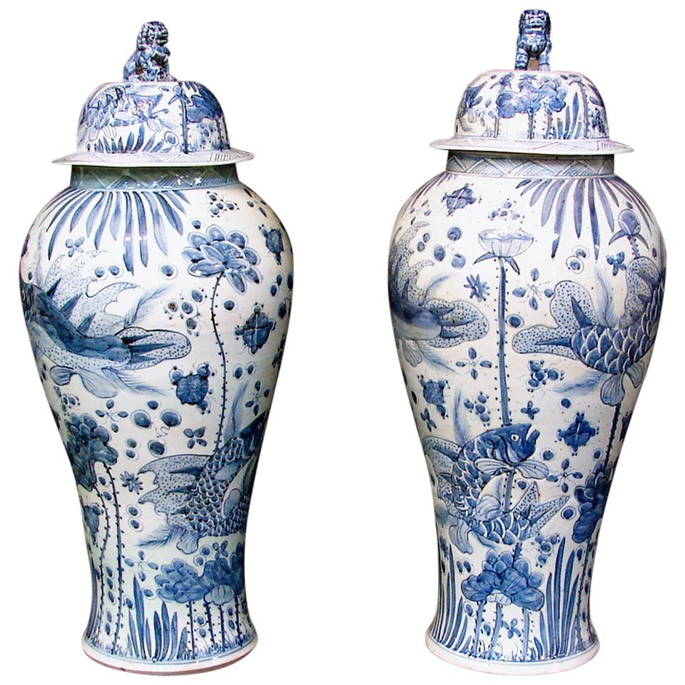 Massive Pair of of Blue & White Hand Painted Temple Jars